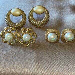Vintage 3 Pair Gold & Pearl Better Statement Fashion Post Earrings